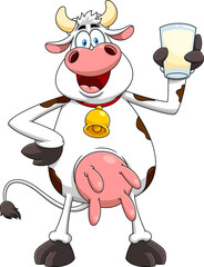Happy Cow Cartoon Character Holding A Glass Of Milk. Vector Hand Drawn Illustration Isolated On Transparent Background