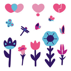 Spring set of vector illustrations. Elements for design of cards, congratulations, invitations. Love, hearts, flowers and insects. Flat, minimalistic. Isolated objects on a white background