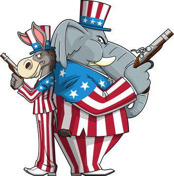Democrat Donkey vs Republican Elephant Cartoon Characters Hold Pistols In A Duel. Vector Hand Drawn Illustration Isolated On Transparent Background