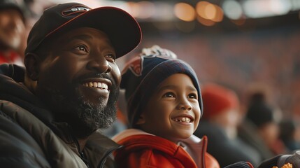 father and son in the stadium watching the game or superbowl - obrazy, fototapety, plakaty