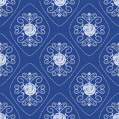 Cute rose flower seamless pattern.Floral filigree ethnic on fabric texture background.Trendy folk retro design elements for love decoration,celebration,fashion,home deco,print products.Hand drawn
