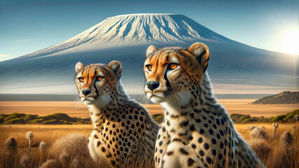 Beneath Kilimanjaro's Snow-Capped Summit: Cheetahs Rest on the Vast African Plains - obrazy, fototapety, plakaty