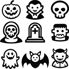 halloween icon set in black over white, generative ai