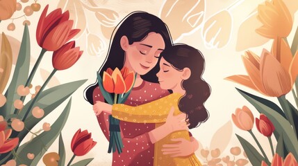 Illustration of a mother and daughter embracing with tulips.