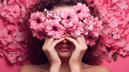 The woman is holding pink flowers in front of her face