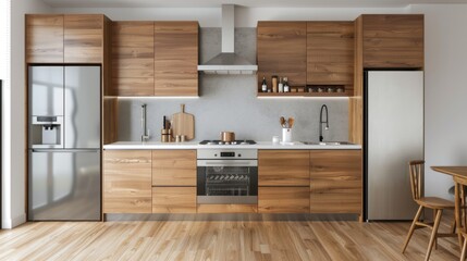 Modern kitchen interior with wooden cabinets and stainless steel appliances. - obrazy, fototapety, plakaty