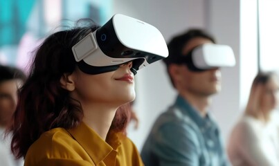 team of four creative engineers working with virtual reality, young woman testing VR glasses or goggles sitting in the office room