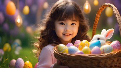 Fototapeta na wymiar girl with eggs AI generated Easter background Easter card