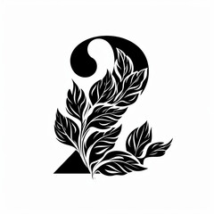 Tattoo design in flat vector logo style, monochrome - Number 2 formed by leaves