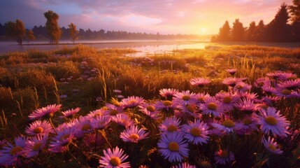 landscape view of sunrise in a aster field