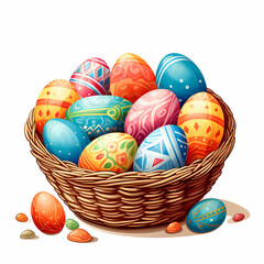 Easter Eggs in Basket Clipart, Daytime Illustration, Transparent Background