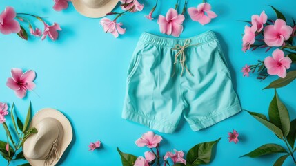 Aqua blue swimming shorts surrounded by pink flowers and straw hat on a blue background