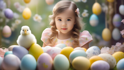 Fototapeta na wymiar little girl with easter eggs AI generated Easter background Easter card