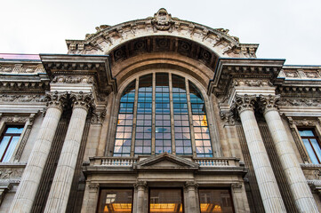 Architectural fragment of The Bourse - stock exchange in Brussels, Belgium.
