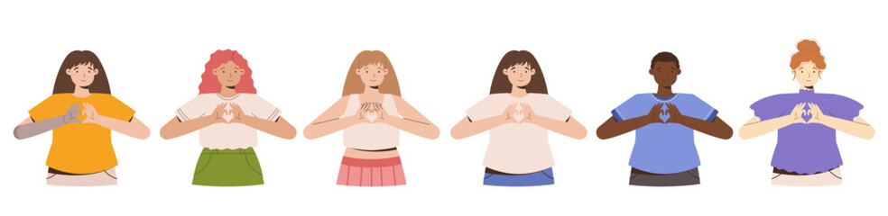 Obraz premium IWD Inspire Inclusion campaign, International Women's Day 2024 collection features a diversity of women making the heart gesture with their hands. Vector hand drawn illustration in flat style