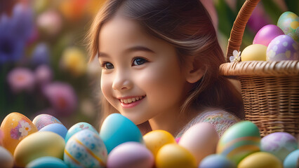 Fototapeta na wymiar little girl with eggs AI generated Easter background Easter card