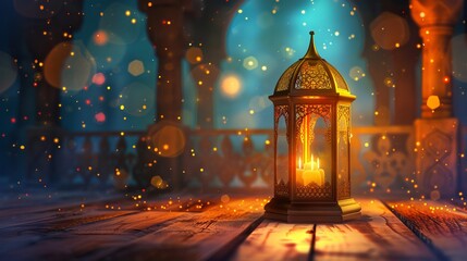 Ramadan Kareem greeting card with glowing Arabic lantern and candle at night with copy space - obrazy, fototapety, plakaty