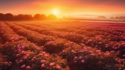 landscape view of sunrise in a camellia field