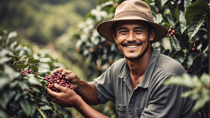 Charming Brazilian farmer in hat picks coffee beans by hand. In palms is ripe coffee cherry. Portrait of smiling farmer against backdrop of plantation in Brazil. Arabica coffee beans, red cherry - obrazy, fototapety, plakaty