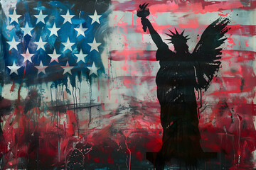 silhouette Statue of Liberty and American flag