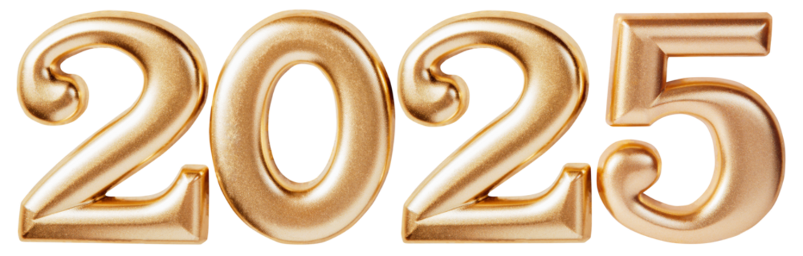 Holiday background Happy New Year 2025. Numbers of year 2025 made by gold candles isolated on transparent background. celebrating New Year holiday, close-up. 