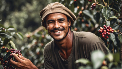 In coffee plantations of tropical Colombia. Air is filled with rich aroma of Arabica coffee beans as he works tirelessly. Portrait captures tired content expression on face, hard work. Coffee farms - obrazy, fototapety, plakaty