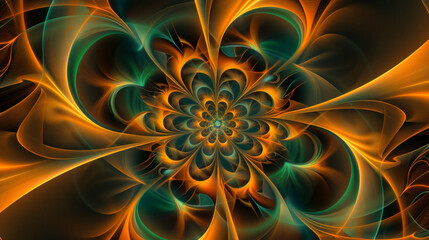 Golden Swirls: A Mesmerizing Fractal Creation Blending Warm Oranges with Harmonious Teal Accents. Perfect for a Luxurious and Modern Background or Creative Graphic Design.