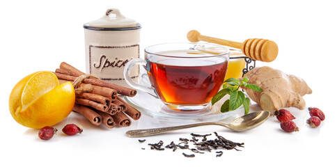 Cup tea with ginger spice and mint. Still life with hot drink cinnamon and Rose Hip. Isolated on...
