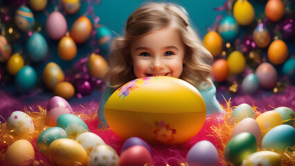 Fototapeta na wymiar girl with Easter egg AI generated Easter background Easter card