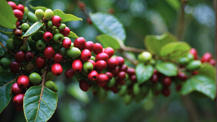 Picking period for ripe coffee cherries.  Observe closely branches adorned with coffee beans, green and ripe red in hues. This is season for picking ripe coffee cherries. Coffee seeds, coffee beans - obrazy, fototapety, plakaty