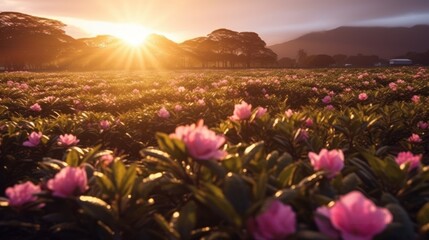 landscape view of sunrise in a camellia field