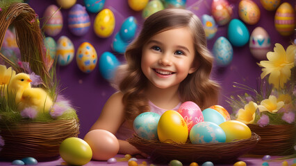 Fototapeta na wymiar girl with easter eggs in basket AI generated Easter background Easter card