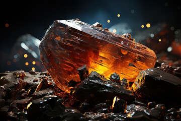 Stunning, translucent amber gemstone lies resplendent amongst shards of dark coal, its inner fire elegantly contrasting with the surrounding darkness as if echoing the last embers of a dying day.