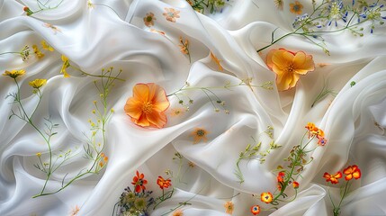White fabric, floral embroidery pattern, beautiful colors, realistic images, showing beauty.