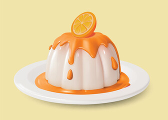 3d Panna Cotta with Orange and Syrup Sweet Dessert Food with Slice Citrus Cartoon Style . Vector illustration