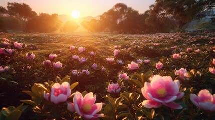 landscape view of sunrise in a camellia field - obrazy, fototapety, plakaty