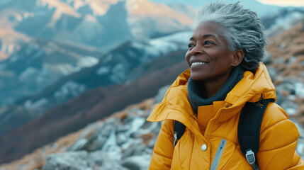 Old black woman smiling while hiking on a mountain. Generative AI. - obrazy, fototapety, plakaty