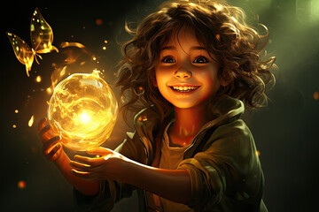 Naklejka premium Young girl holds a mesmerizing glowing orb in her hands as she radiates with amazement and wonder.