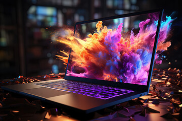 A sleek laptop sits on a wooden desk, its screen vividly displaying an explosion of digital colors, symbolizing a burst of creativity in the tranquil ambience of evening. - obrazy, fototapety, plakaty