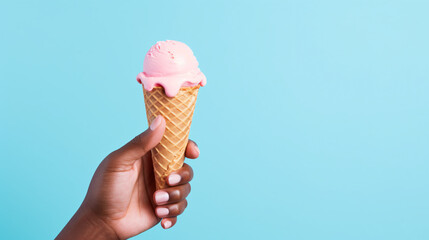 Hand holding strawberry ice cream cone