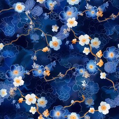 Elegant Seabed Symphony: Rich Blue Seamless Background Pattern Adorned with Delicate Small Flowers, Perfect for Design Projects