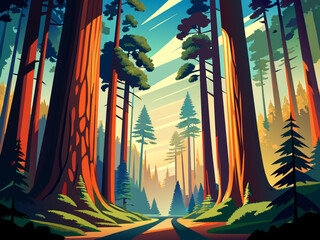 A majestic redwood forest with towering trees reaching for the sky. vektor illustation