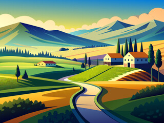 A serene countryside scene with rolling hills and a winding country road. vektor illustation