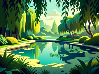 A tranquil pond surrounded by weeping willows and lily pads. vektor illustation