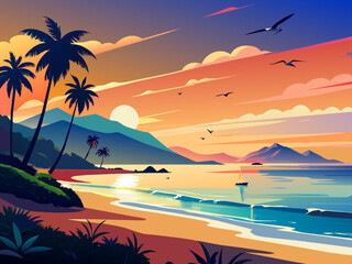 Fototapeta premium A tranquil beach at sunset, with seagulls soaring overhead. vektor illustation