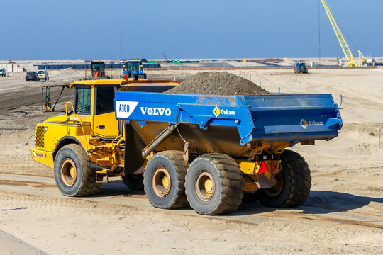 Volvo A30D Articulated Dump Truck at the construction of Maasvlakte 2 in the Port of Rotterdam. 