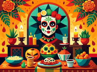 A festive illustration of a Dia de los Muertos altar adorned with Mexican culinary delights. vektor illustation