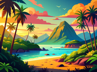 Fototapeta na wymiar A lush tropical island paradise with palm trees swaying in the breeze. vektor illustation