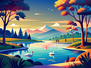 Fototapeta na wymiar A tranquil pond with a family of swans gliding gracefully across the water. vektor illustation