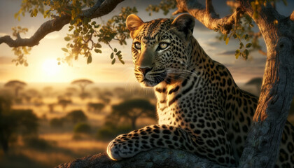 Beautiful Leopard Resting on a Tree Branch in the Glow of  an African Sunset